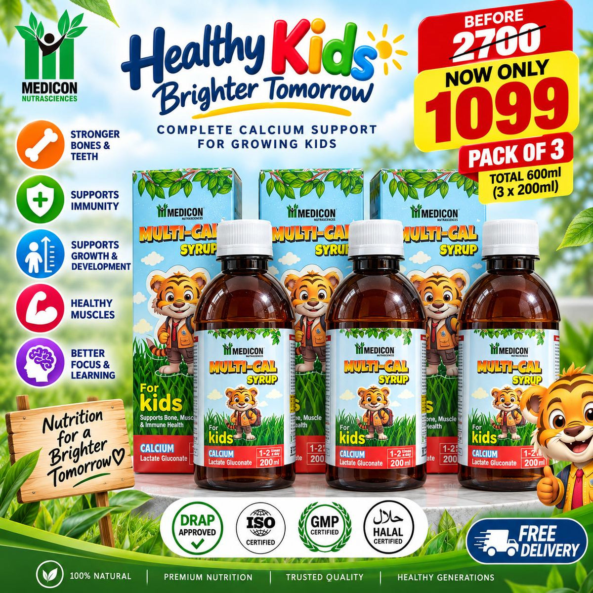 Pack of 3 - MULTI-CAL Syrup 200ml: For Kids Supports Bone, Muscle & Immune Health