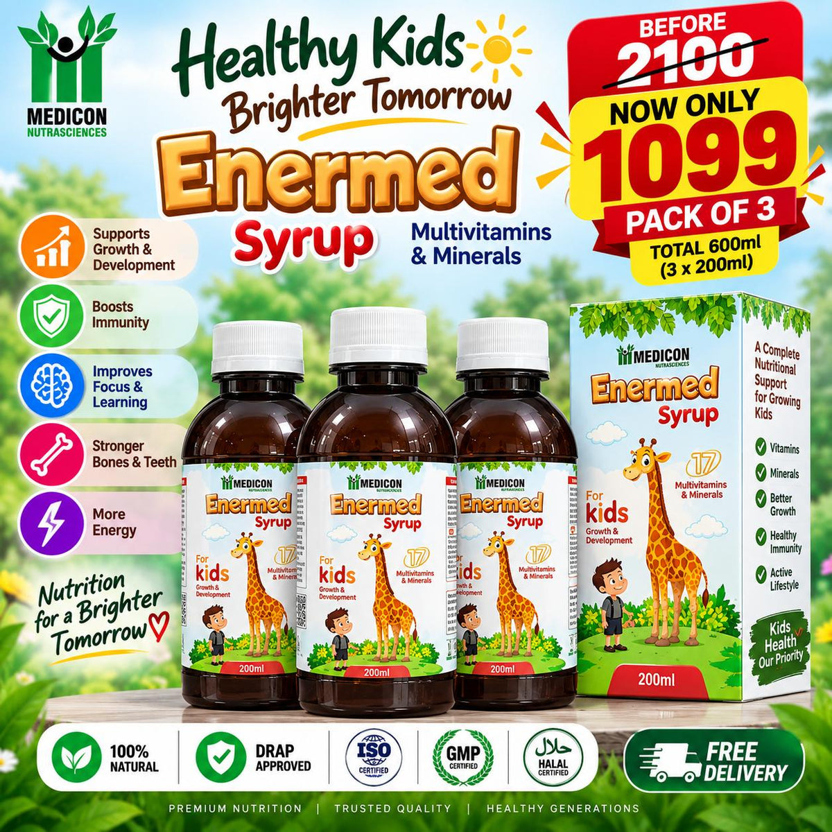 Pack of 3 - ENERMED Syrup 200ml: MultiVitamins & Minerals - For Kids Growth & Developement