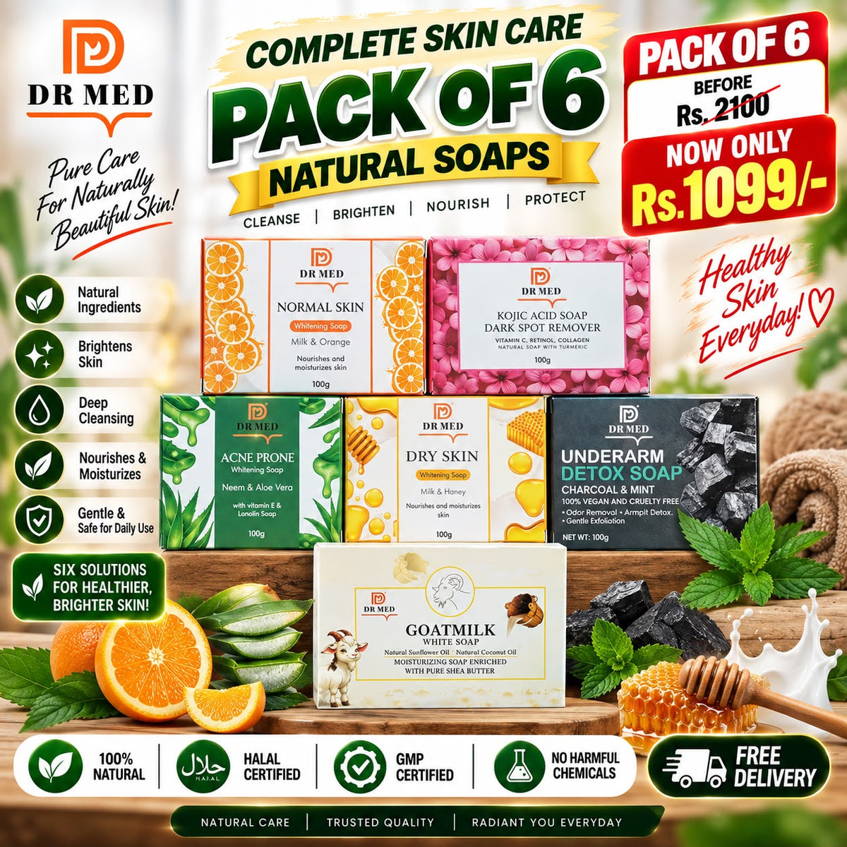 Pack of 6  Soaps for All Skin Types – Kojic Acid, Dry Skin, Goat Milk, Aloe Vera & Charcoal Detox Soaps – Brightening, Dark Spot & Acne Care