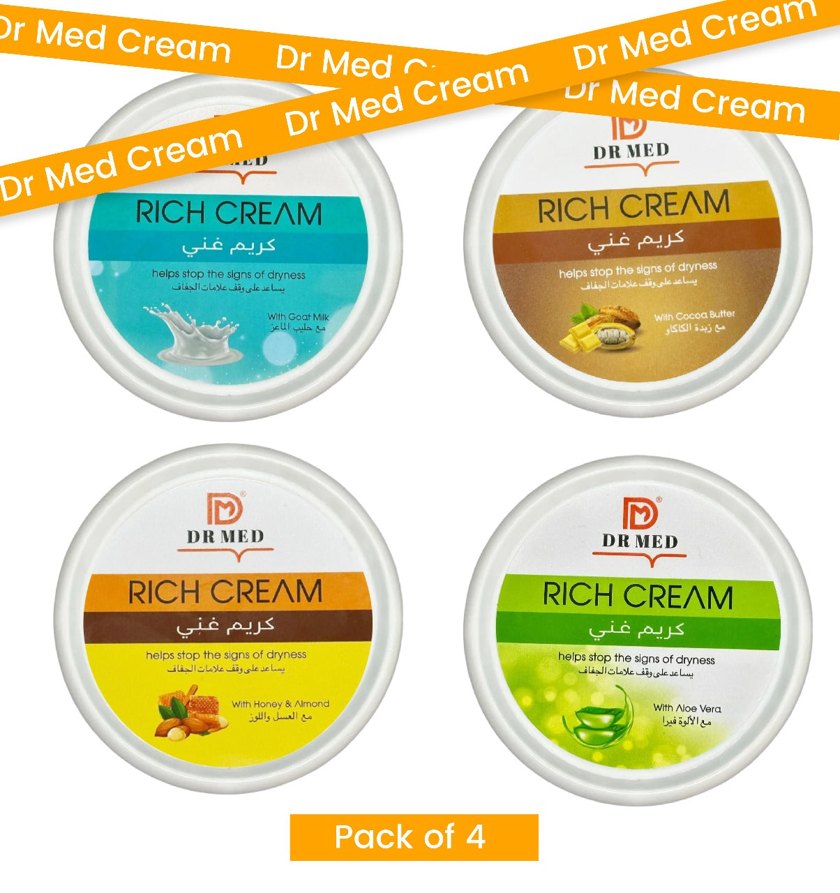 DR MED Rich Cream Variety Pack (Non - Greasy) Goat Milk, Aloe Vera, Honey & Almond, and Cocoa Butter 100ML