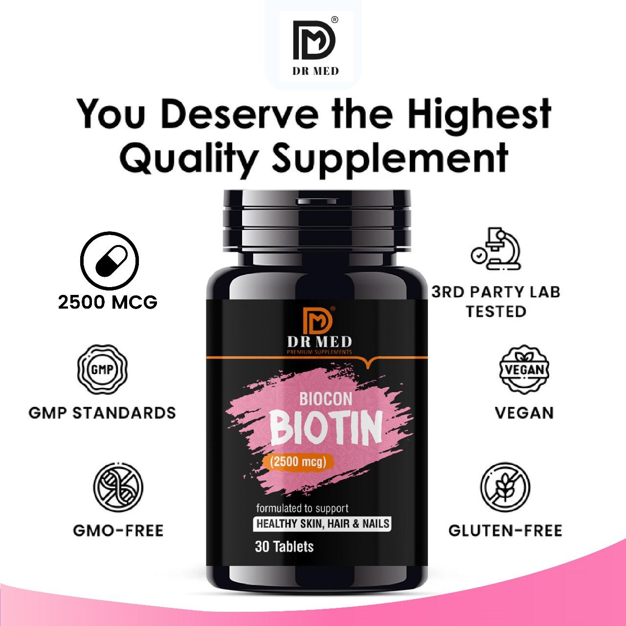 "DR MED Biocon Biotin: Biotin 2500MCG, Supplement for Hair Growth, Strong Hair and Glowing Skin, Fights Nail Brittleness, 30 Biotin Tablets