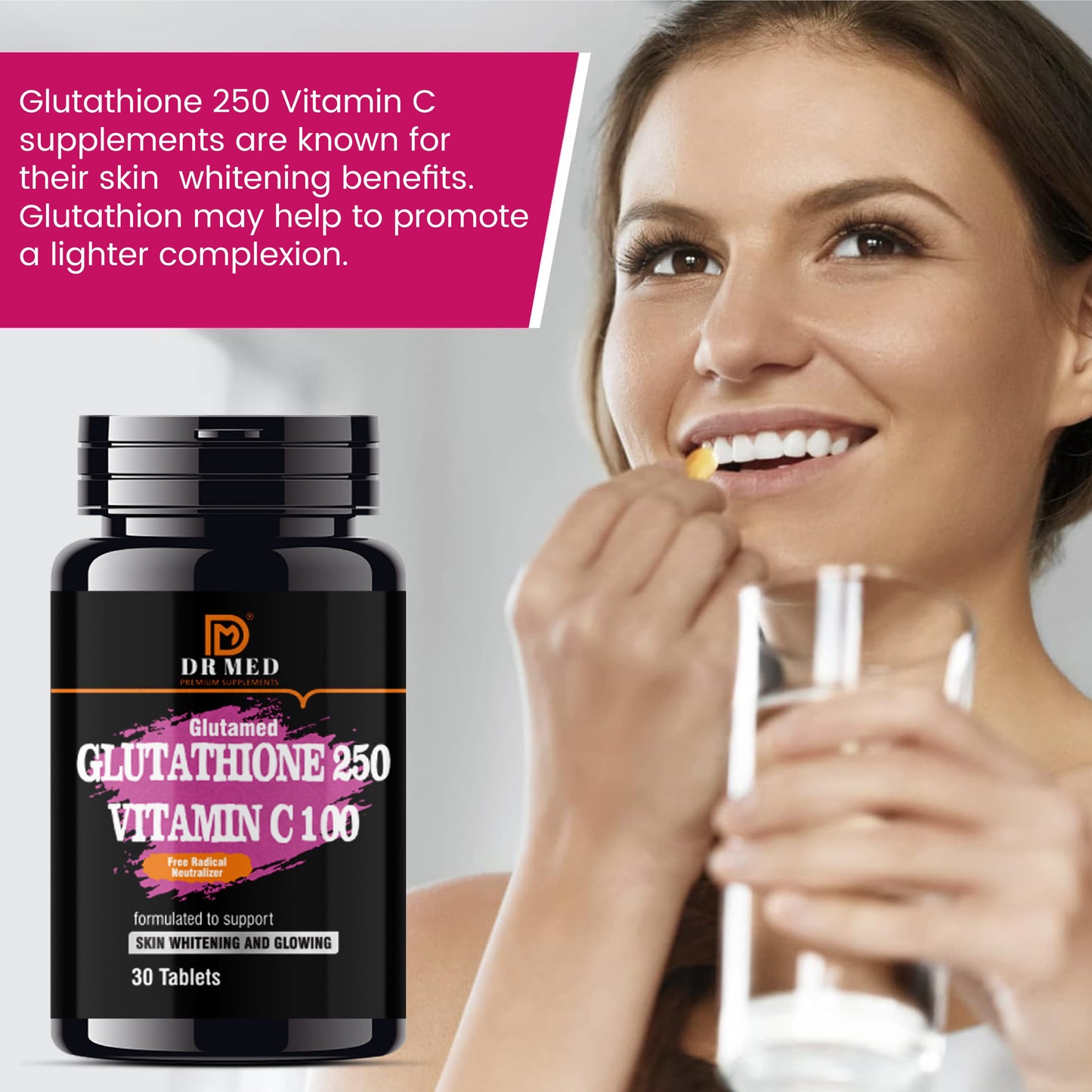 "DR MED Glutamed Glutathione 250, Vitamin C 100: Advanced Skin Brightening and Glowing Enhancement - 30 Tablets"