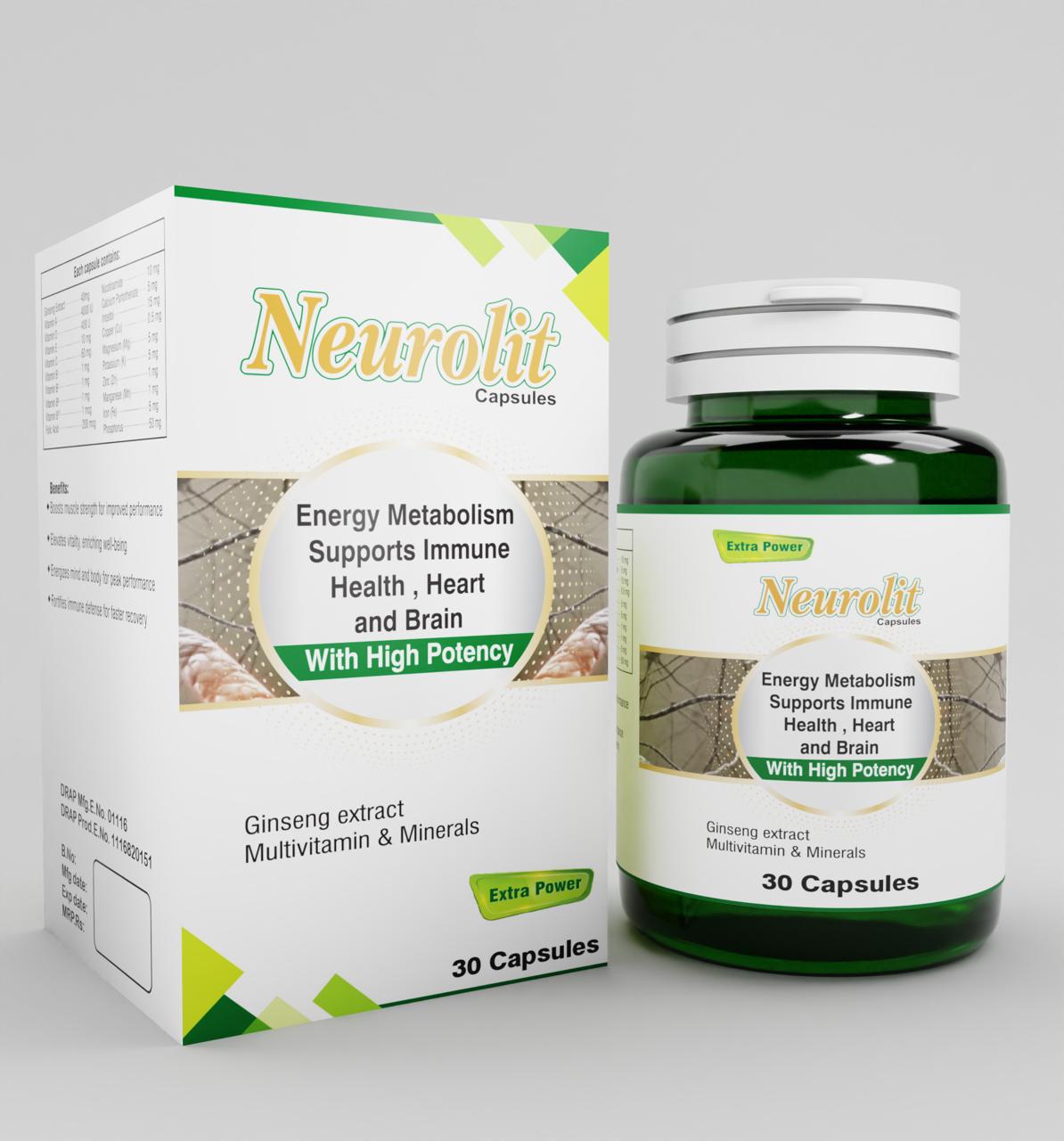 Pack of 3 Neurolit Capsules (Extract MultiVitamin & Minerals - Energy Metabolism Supports Immune Health, Heart and Brain With High Potency) 90 Capsules