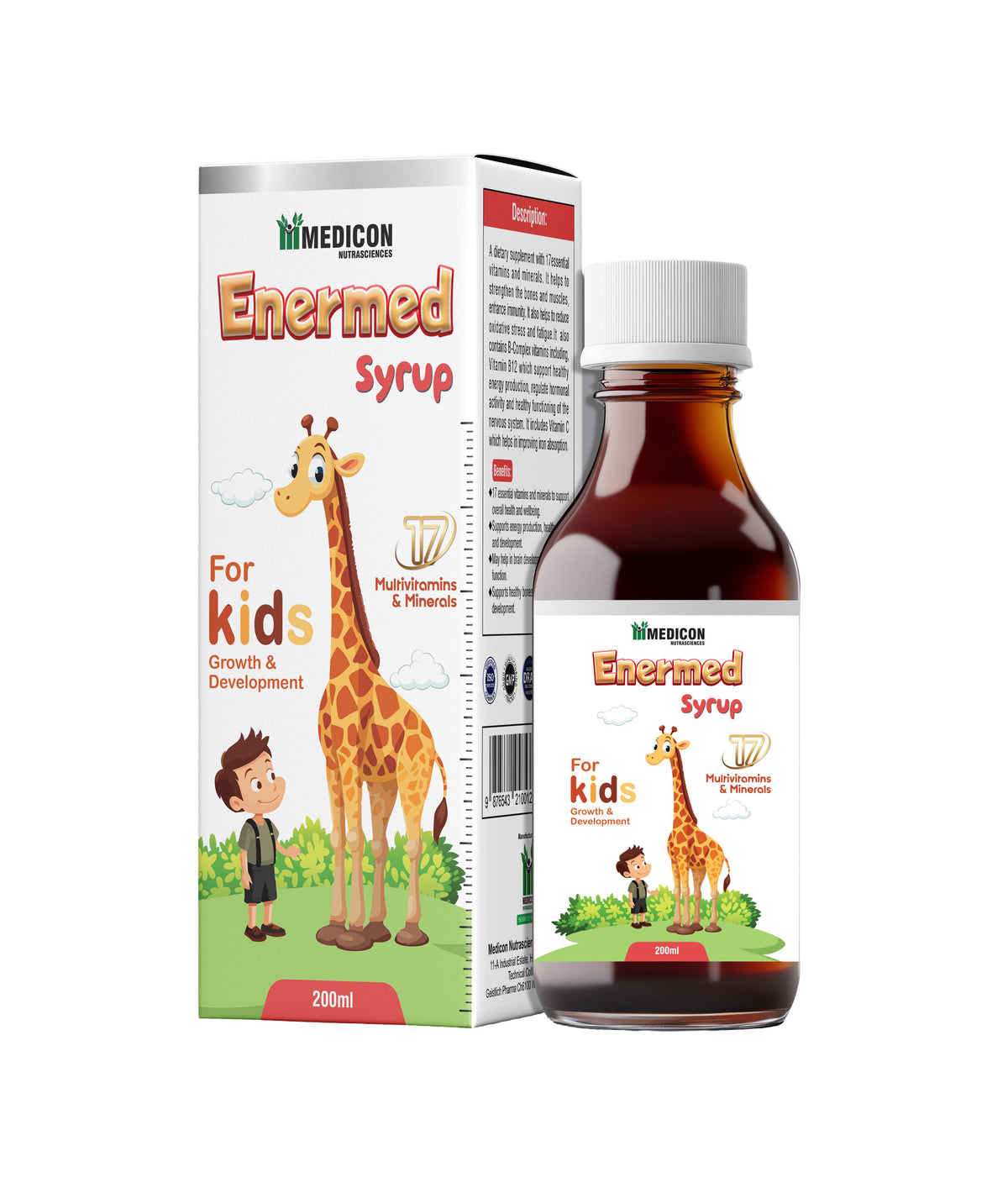 Pack of 3 - ENERMED Syrup 200ml: MultiVitamins & Minerals - For Kids Growth & Developement