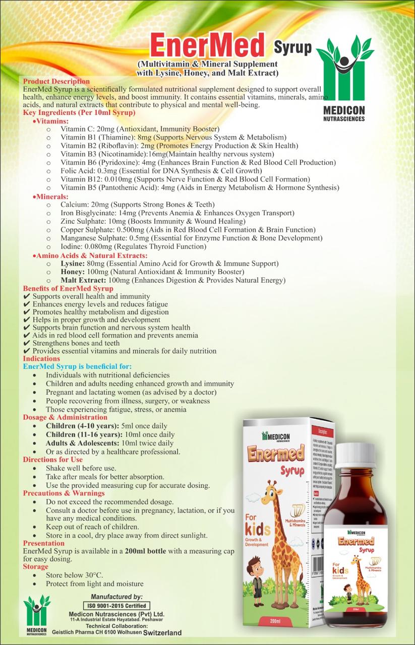 ENERMED Syrup 200ml: MultiVitamins & Minerals - For Kids Growth & Developement