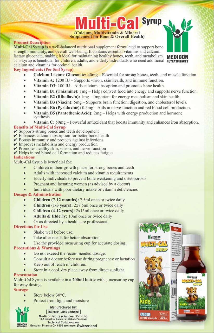 Pack of 3 - MULTI-CAL Syrup 200ml: For Kids Supports Bone, Muscle & Immune Health