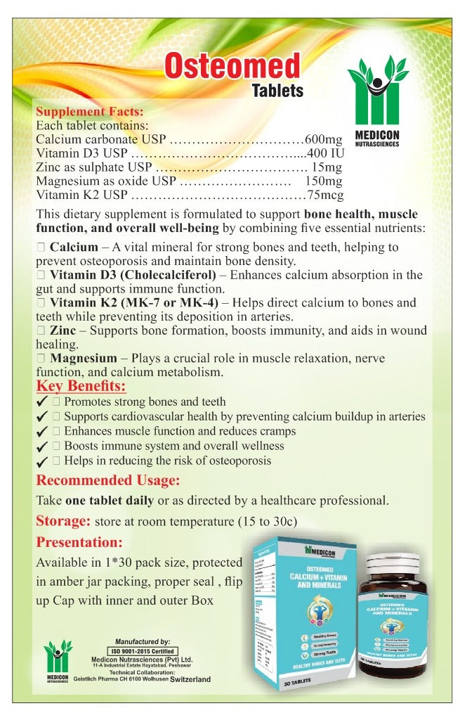 Pack Of 3 "Osteomed" Advanced Calcium Plus Vitamin D3 and K2 Essential Minerals – Comprehensive Bone Health Support for Stronger Bones and Improved Absorption 30Tablets