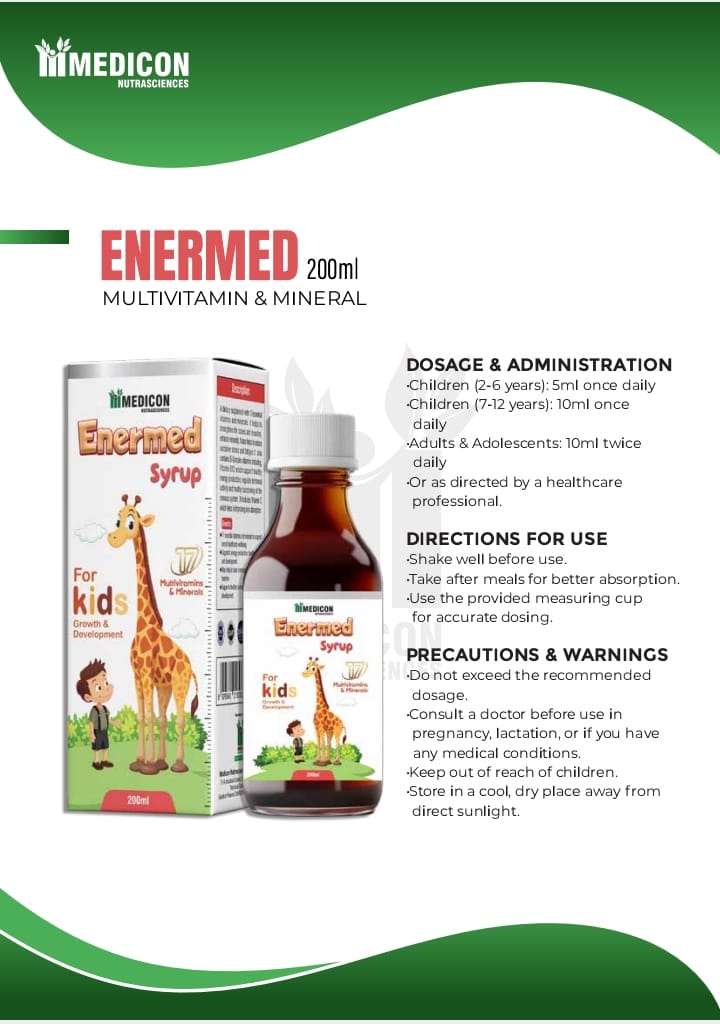 Pack of 3 - ENERMED Syrup 200ml: MultiVitamins & Minerals - For Kids Growth & Developement