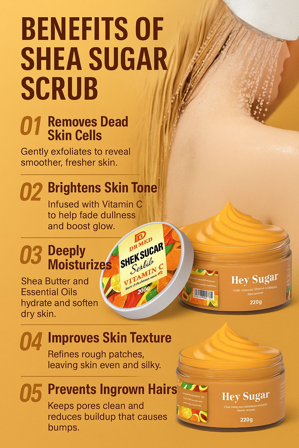 DR MED Shea Sugar Glow Scrub & Mask with Vitamin C – Skin Brightening & Revitalizing Exfoliant with Natural Essential Oils – Smooth & Healthy Skin Care Routine – 220g