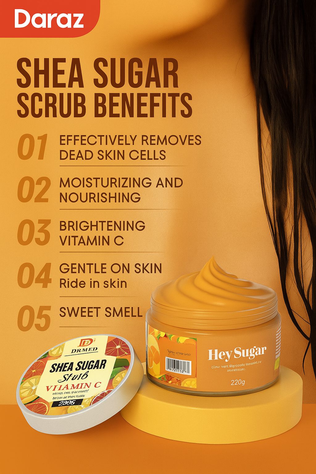 DR MED Shea Sugar Glow Scrub & Mask with Vitamin C – Skin Brightening & Revitalizing Exfoliant with Natural Essential Oils – Smooth & Healthy Skin Care Routine – 220g
