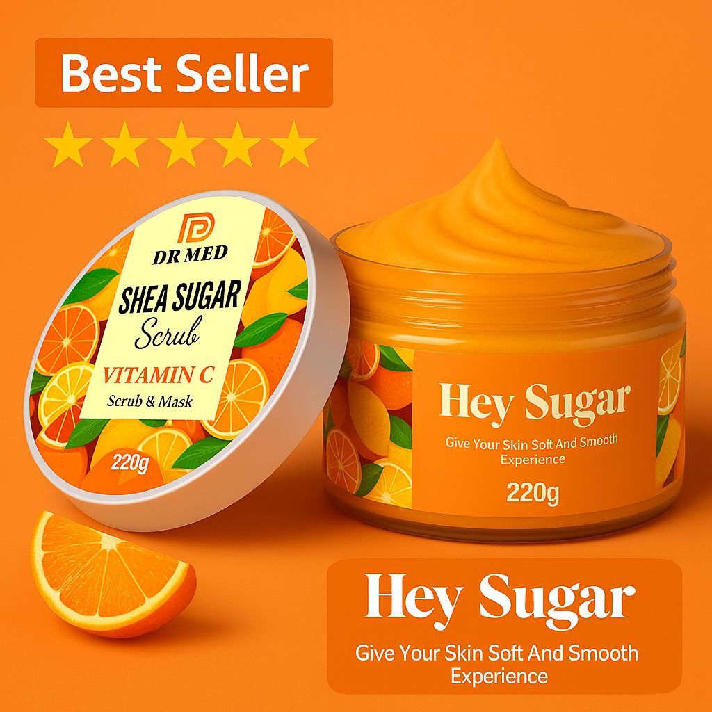 DR MED Shea Sugar Glow Scrub & Mask with Vitamin C – Skin Brightening & Revitalizing Exfoliant with Natural Essential Oils – Smooth & Healthy Skin Care Routine – 220g