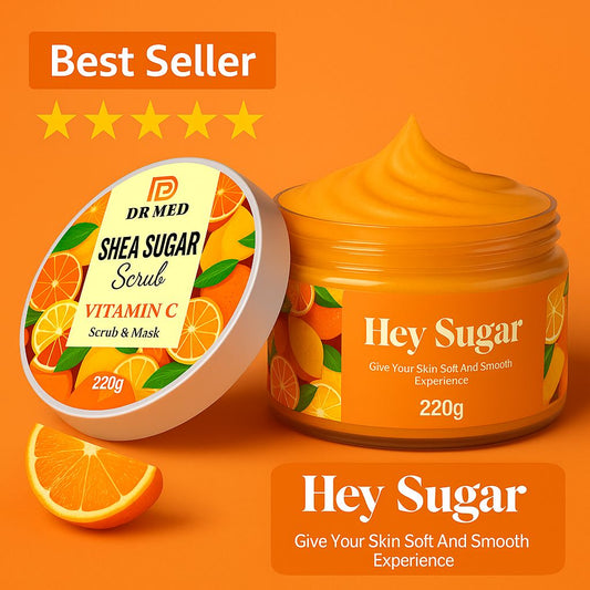 DR MED Shea Sugar Glow Scrub & Mask with Vitamin C – Skin Brightening & Revitalizing Exfoliant with Natural Essential Oils – Smooth & Healthy Skin Care Routine – 220g