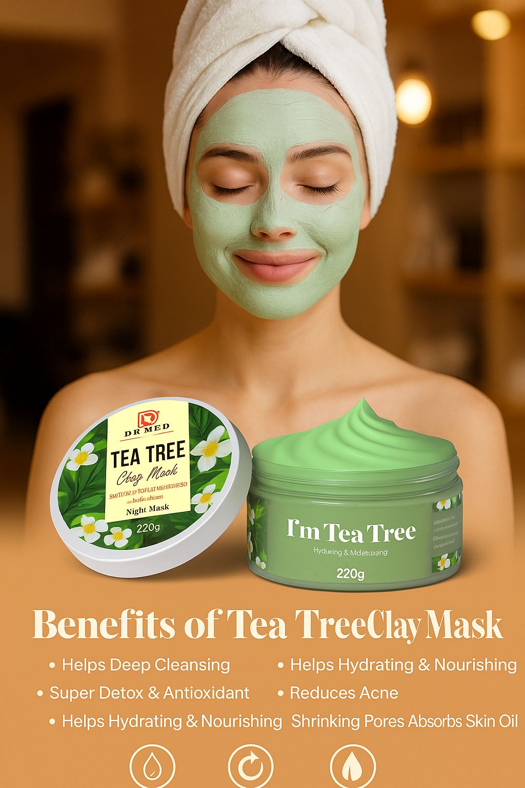 DR MED Tea Tree Night Clay Mask 220g – Purifying Face Mask for Blemished & Oily Skin – Controls Acne, Removes Impurities, Tightens Pores – With Natural Tea Tree Extract