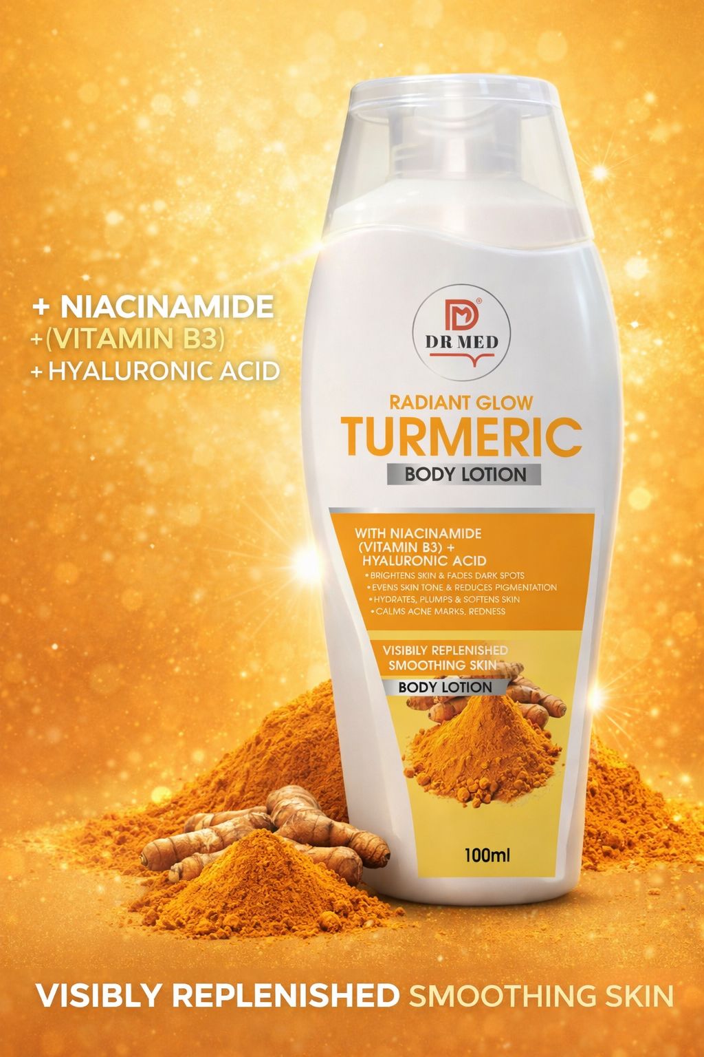 Turmeric Body Lotion with Niacinamide (Vitamin B3) + Hyaluronic Acid – Skin Brightening, Deep Hydration & Dark Spot Removal – 100ml