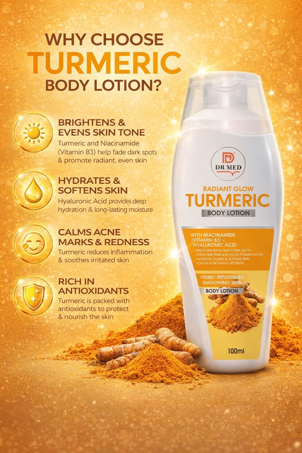 Turmeric Body Lotion with Niacinamide (Vitamin B3) + Hyaluronic Acid – Skin Brightening, Deep Hydration & Dark Spot Removal – 100ml