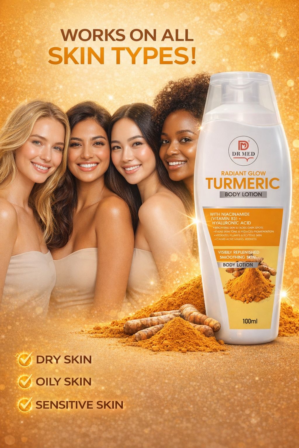 Turmeric Body Lotion with Niacinamide (Vitamin B3) + Hyaluronic Acid – Skin Brightening, Deep Hydration & Dark Spot Removal – 100ml