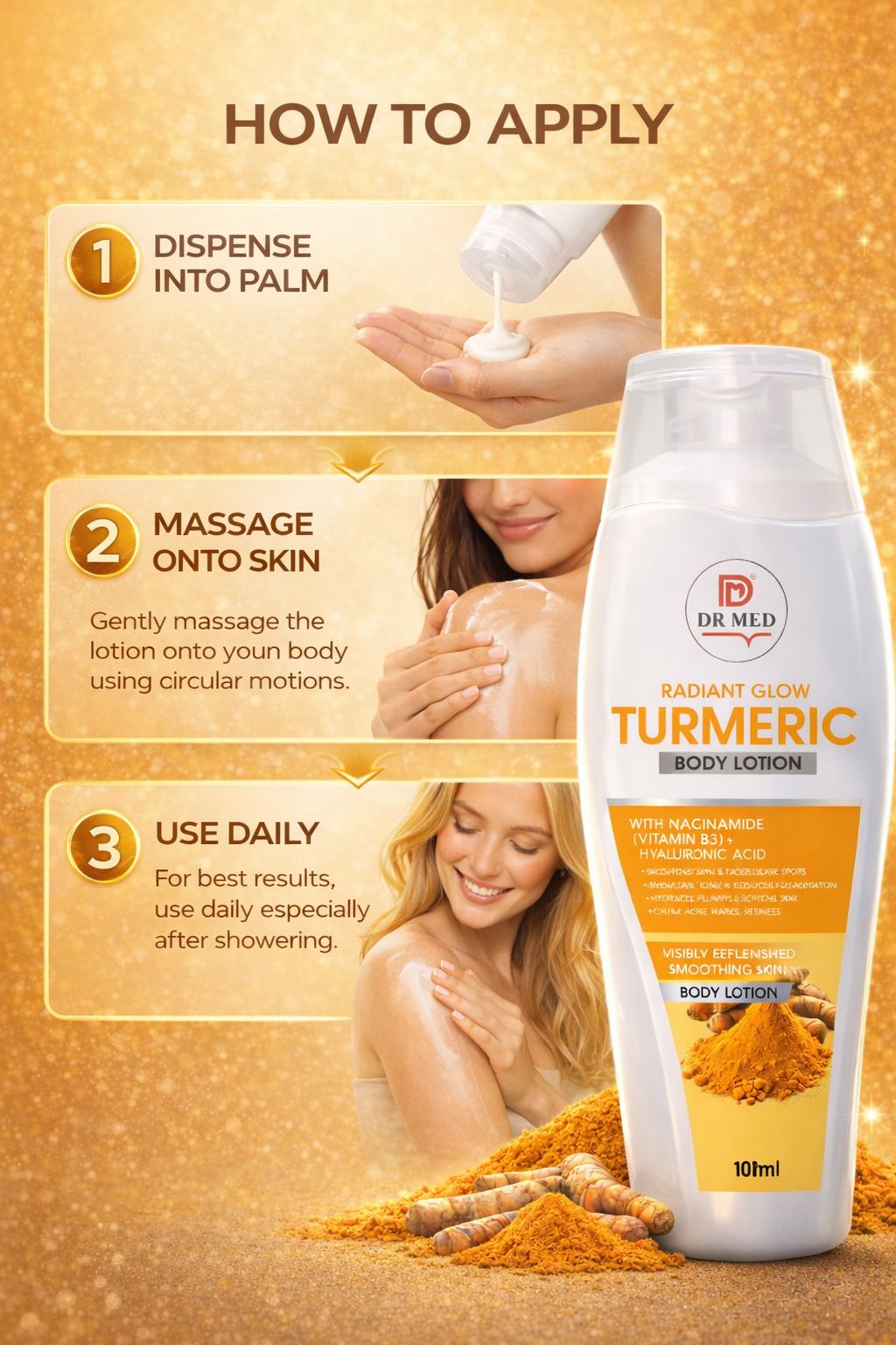 Turmeric Body Lotion with Niacinamide (Vitamin B3) + Hyaluronic Acid – Skin Brightening, Deep Hydration & Dark Spot Removal – 100ml