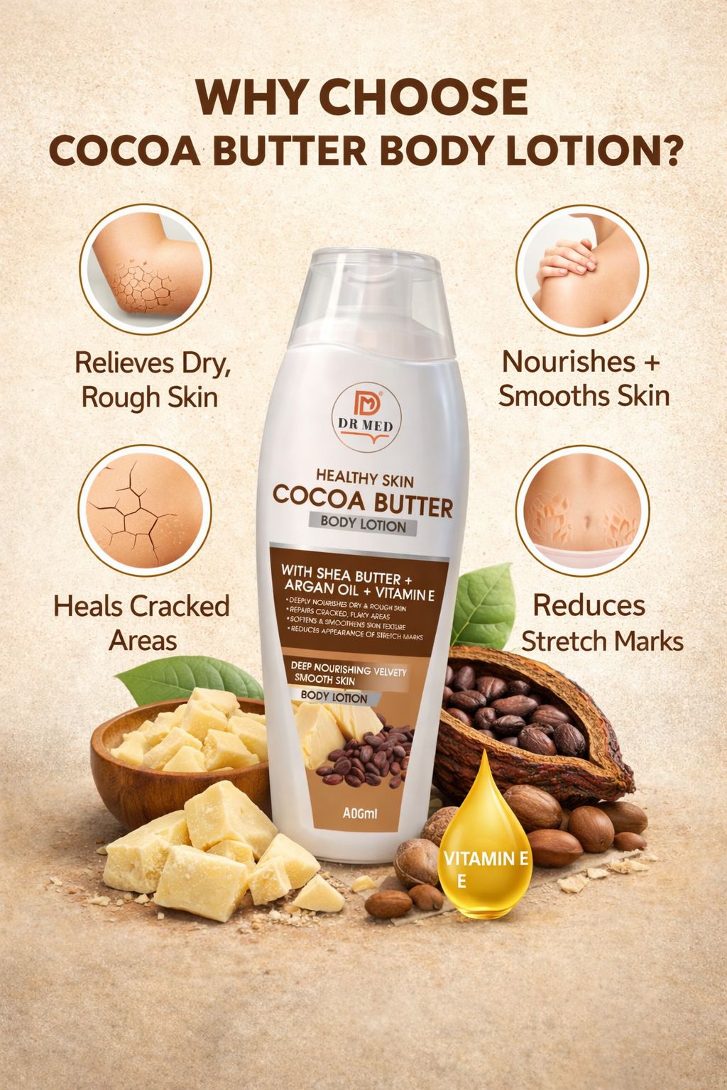 Cocoa Butter Body Lotion with Shea Butter, Argan Oil & Vitamin E – Deep Moisturizing & Skin Softening Formula – 100ml