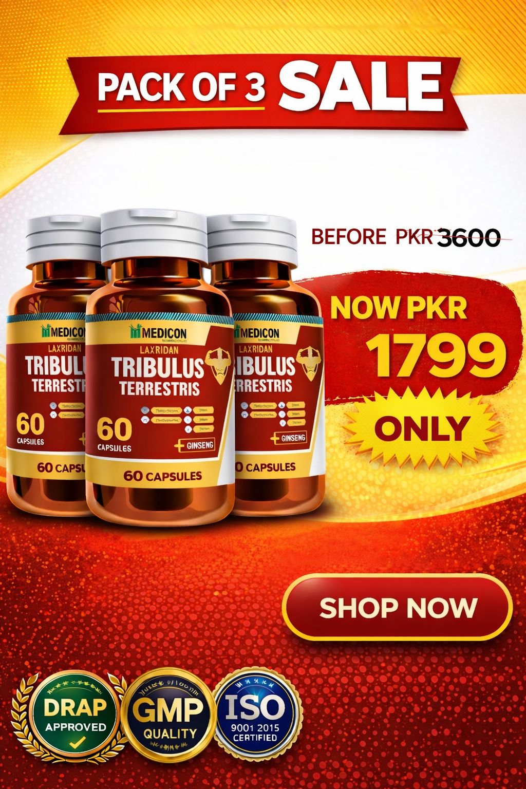 Pack of 3 Tribulus Terrestris Supplement: Boost Strength, Vitality Naturally, Muscle growth 180 Capsules