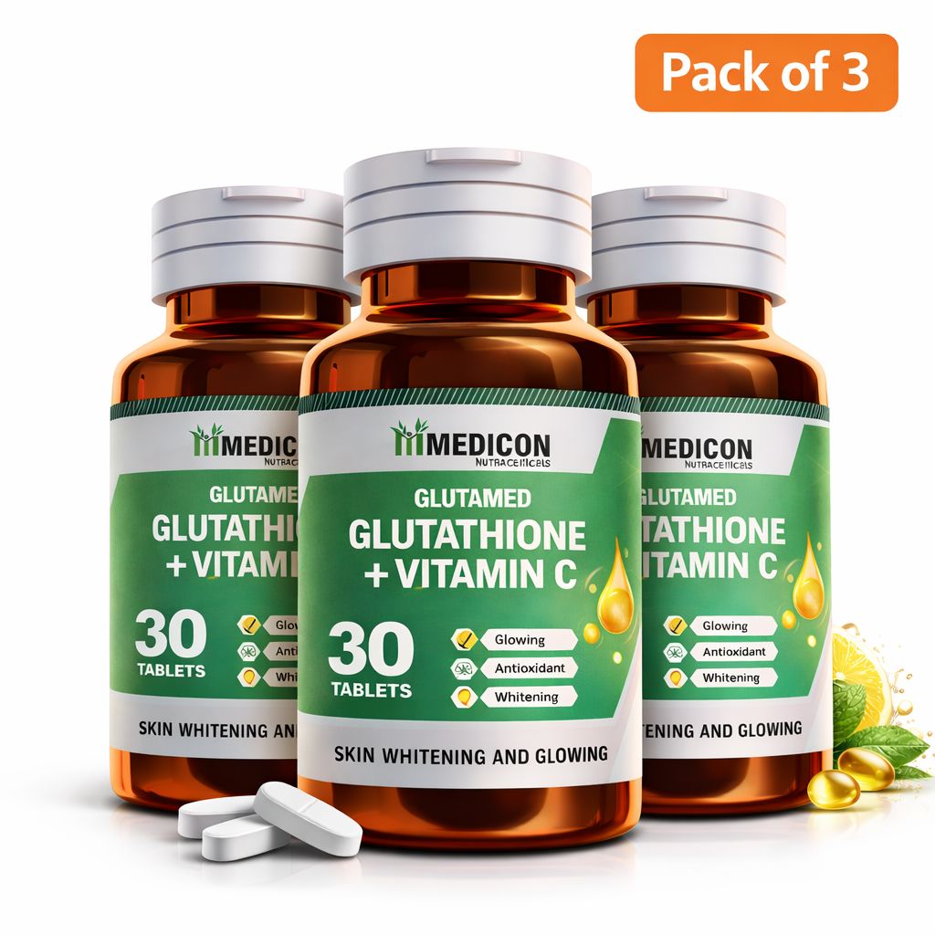 "PACK OF 3  Glutamed Glutathione 250, Vitamin C 100: Advanced Skin Brightening and Glowing Enhancement - 30 Tablets" (3 Months Complete Course)