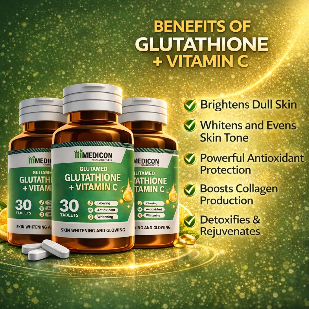 "PACK OF 3  Glutamed Glutathione 250, Vitamin C 100: Advanced Skin Brightening and Glowing Enhancement - 30 Tablets" (3 Months Complete Course)