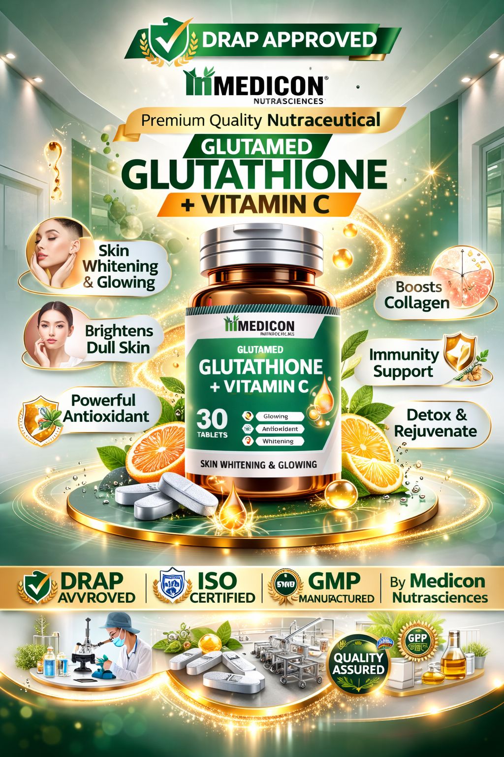 "PACK OF 3  Glutamed Glutathione 250, Vitamin C 100: Advanced Skin Brightening and Glowing Enhancement - 30 Tablets" (3 Months Complete Course)