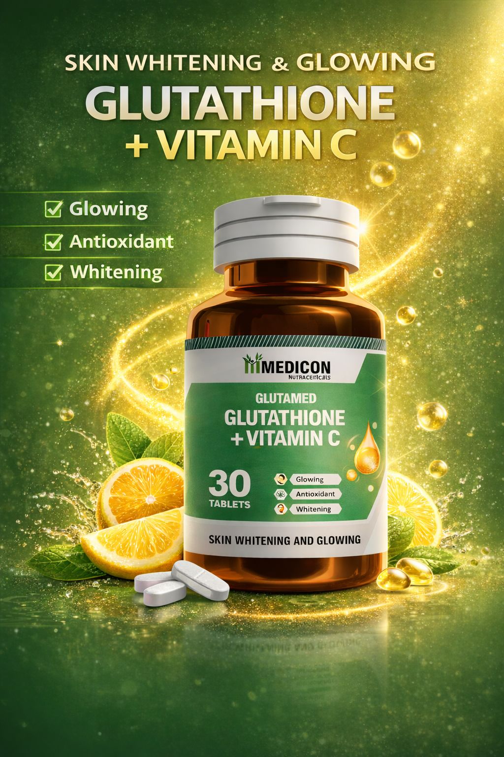 "PACK OF 3  Glutamed Glutathione 250, Vitamin C 100: Advanced Skin Brightening and Glowing Enhancement - 30 Tablets" (3 Months Complete Course)
