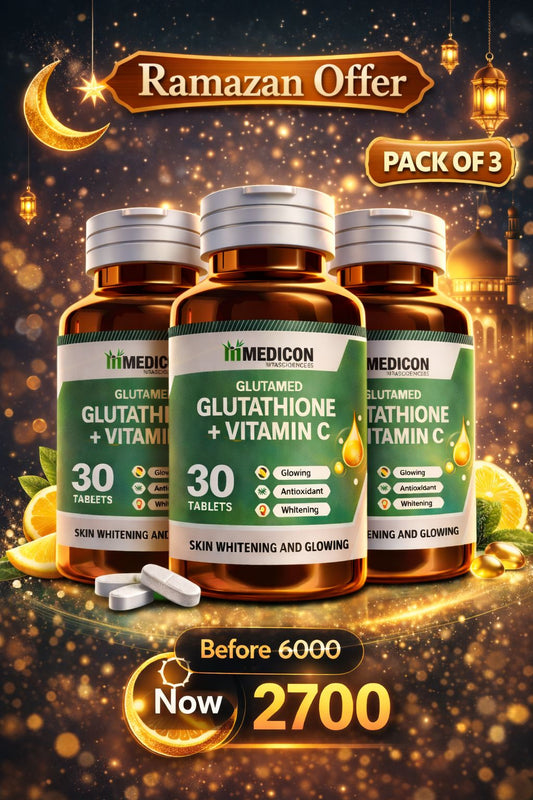 "PACK OF 3  Glutamed Glutathione 250, Vitamin C 100: Advanced Skin Brightening and Glowing Enhancement - 30 Tablets" (3 Months Complete Course)