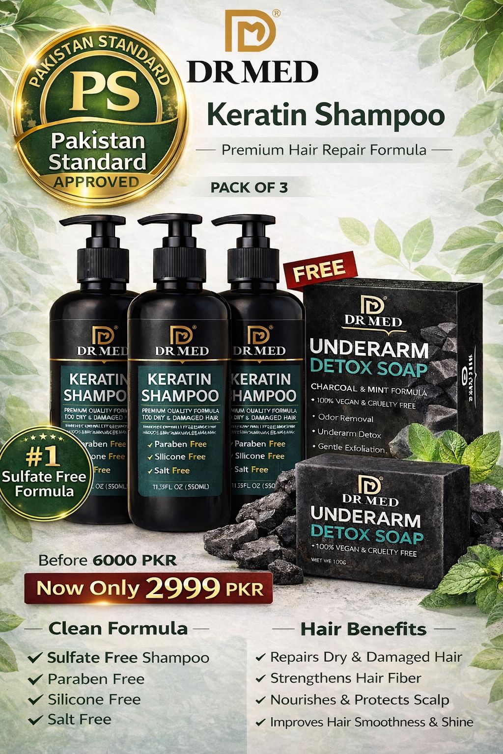 (Pack of 3) DR MED Keratin Shampoo - Paraben-Free, Sulphate-Free, Silicone-Free, Salt-Free Transformation for Strong, Silky Hair---- (Free Charcoal Soap Gift)
