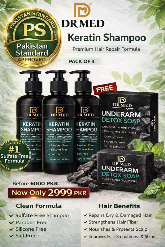 (Pack of 3) DR MED Keratin Shampoo - Paraben-Free, Sulphate-Free, Silicone-Free, Salt-Free Transformation for Strong, Silky Hair---- (Free Charcoal Soap Gift)