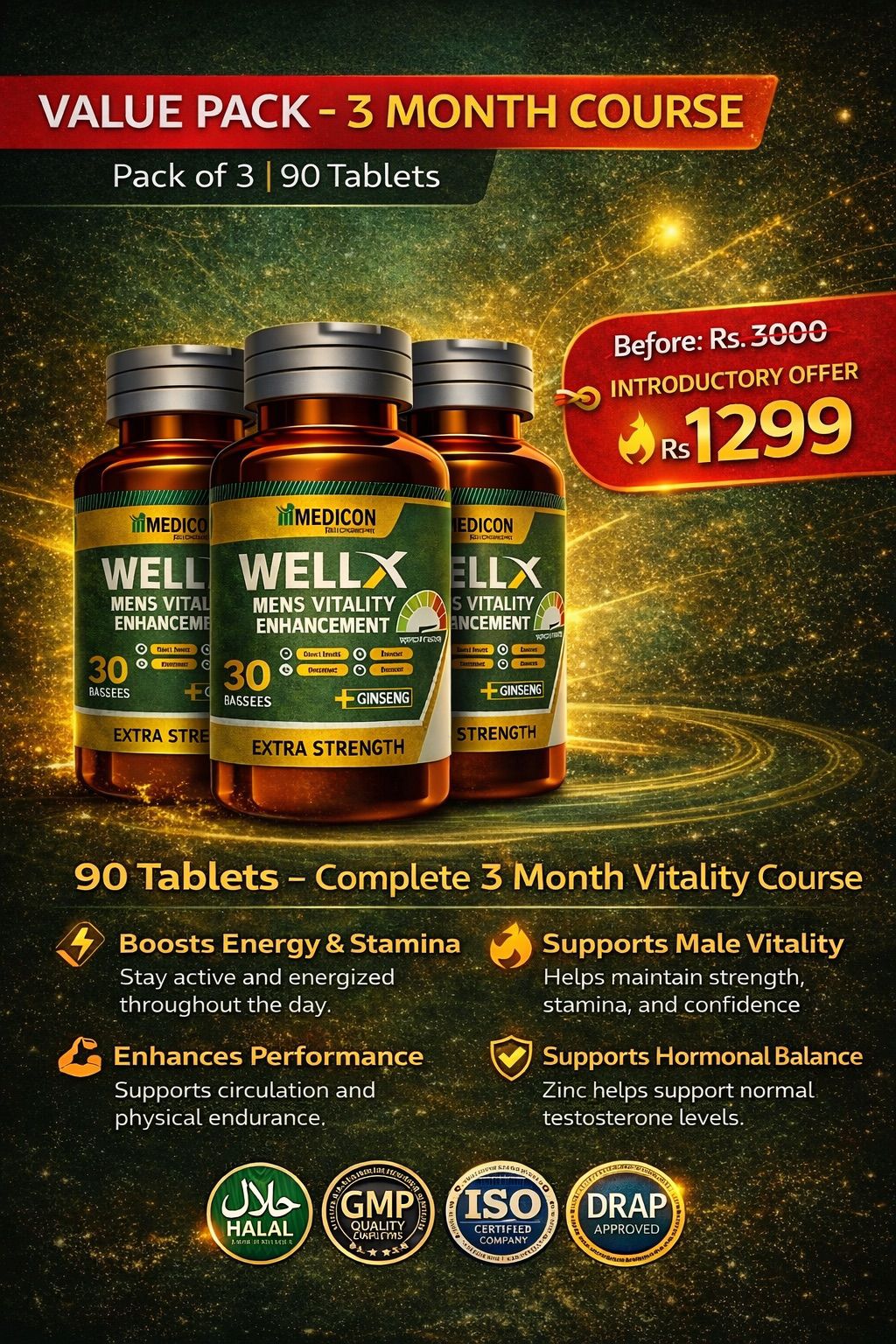 Pack of 3 "WELL-X" Men's Vitality & Strength Formula – Infused Energy Booster for Stamina (90 Tablets)