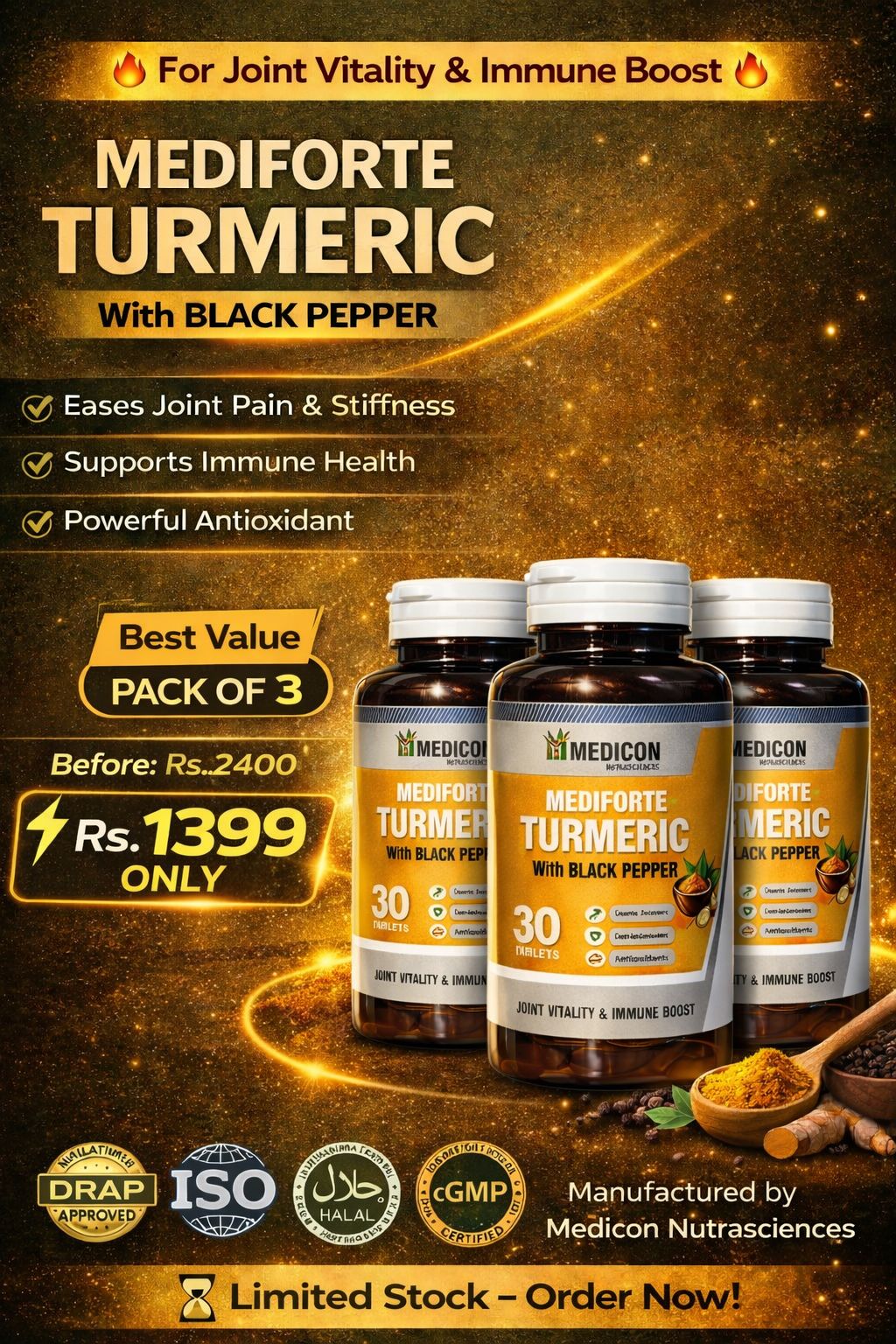 "Pack of 3 Mediforte Advanced Turmeric Curcumin Formula with Black Pepper Extract – High Potency Antioxidant Support for Joint Health, Inflammation Relief, and Enhanced Absorption" 90Tablets