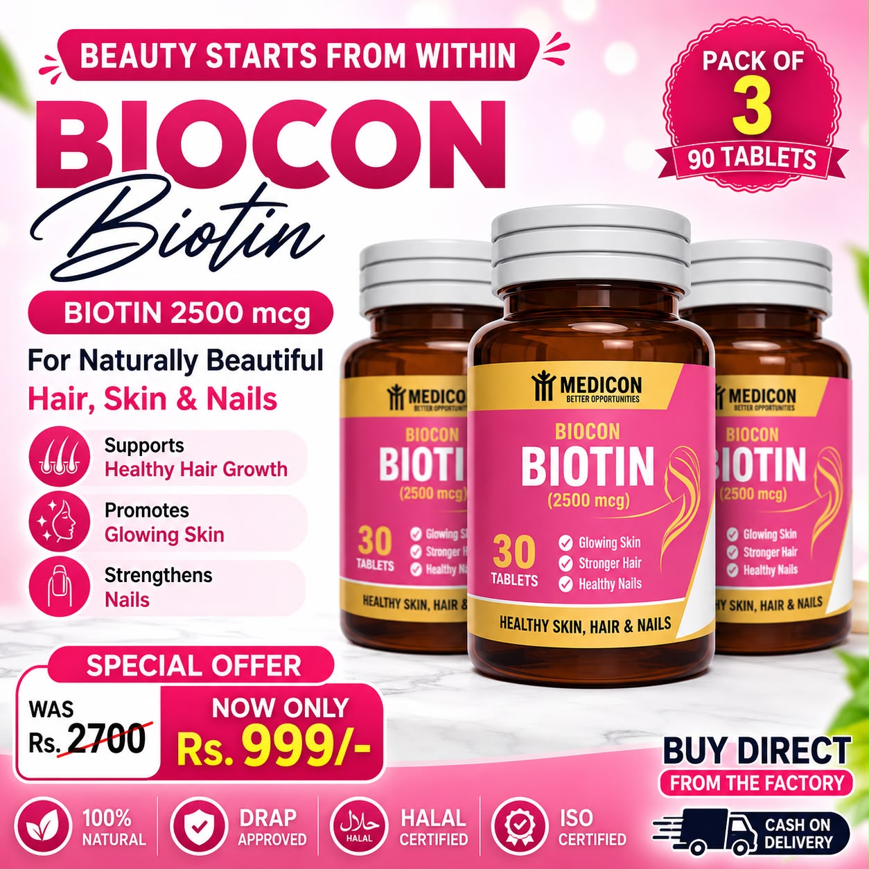 "Biotin Pack of 3 Supplement for Hair, Skin & Nails – High Potency, Supports Healthy Growth (2500mcg) 90Tablets