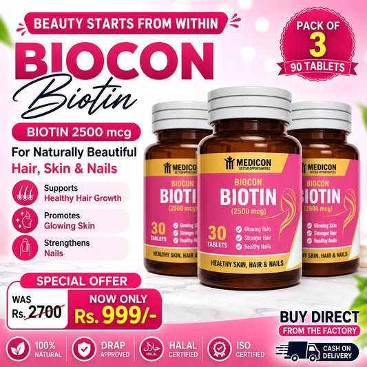 "Biotin Pack of 3 Supplement for Hair, Skin & Nails – High Potency, Supports Healthy Growth (2500mcg) 90Tablets