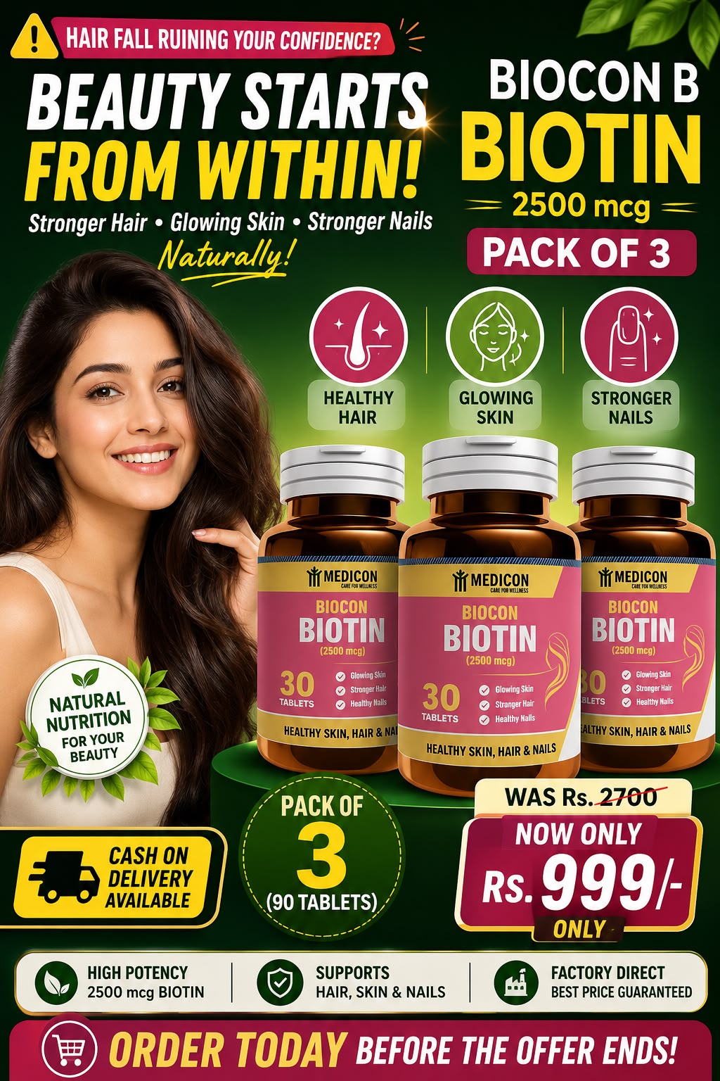 "Biotin Pack of 3 Supplement for Hair, Skin & Nails – High Potency, Supports Healthy Growth (2500mcg) 90Tablets