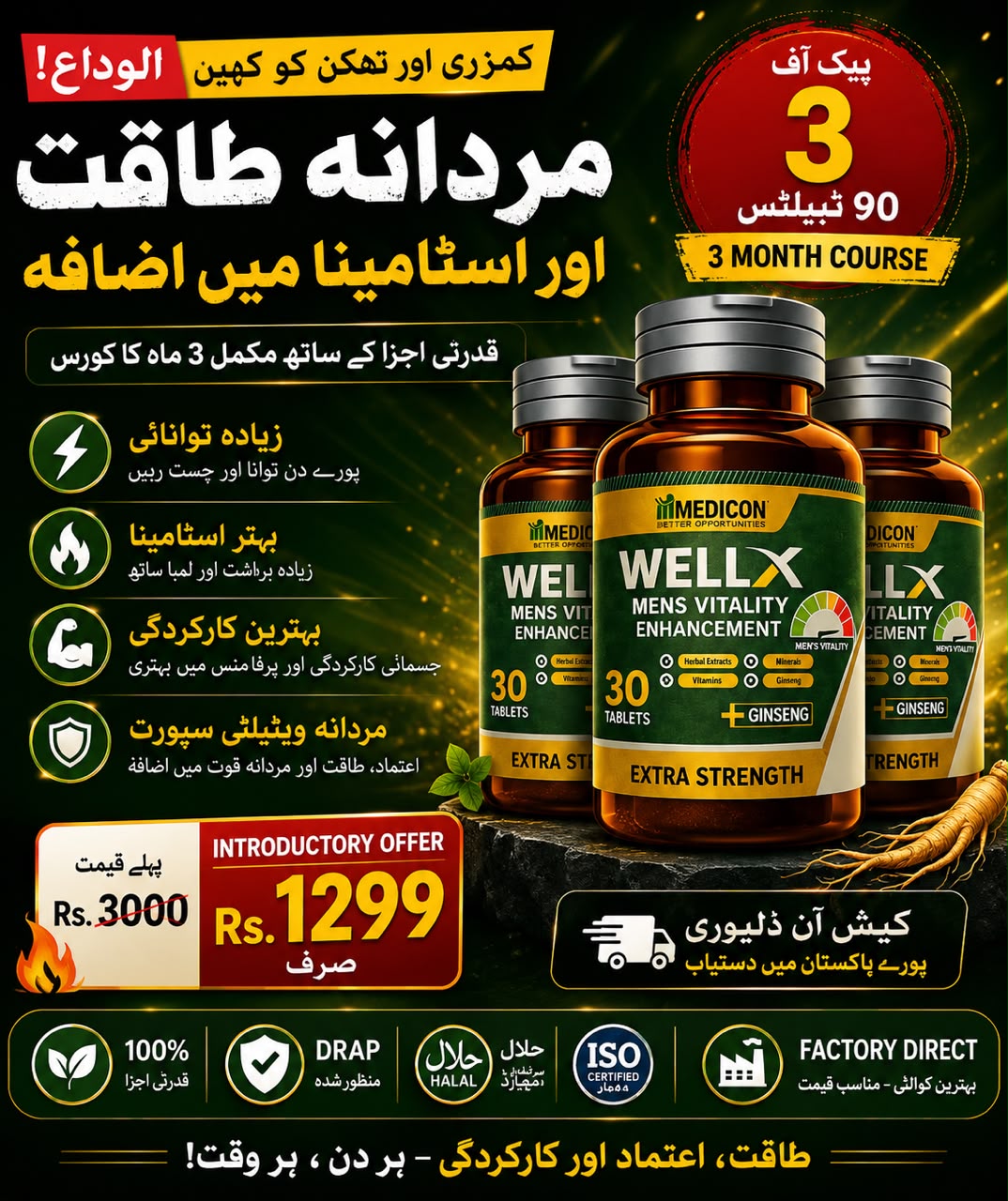 Pack of 3 "WELL-X" Men's Vitality & Strength Formula – Infused Energy Booster for Stamina (90 Tablets)