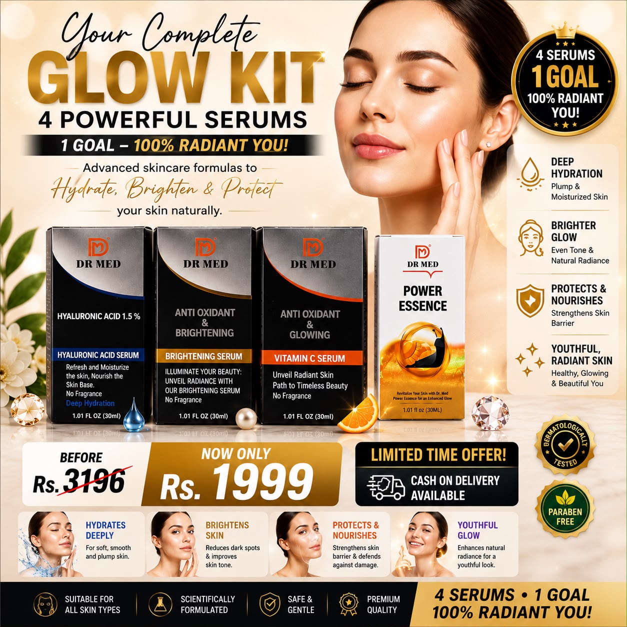 Pack of 4 Premium Serums – Vitamin C, Brightening, Hyaluronic Acid & Power Essence – Hydration, Glow & Anti-Aging