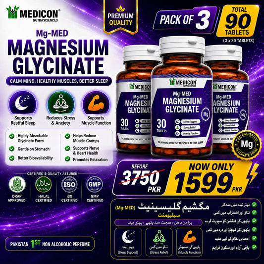 Pack of 3 Mg-MED Magnesium Glycinate 90 Tablets – Magnesium Supplement for Sleep Support, Stress Relief, Muscle Function & Relaxation