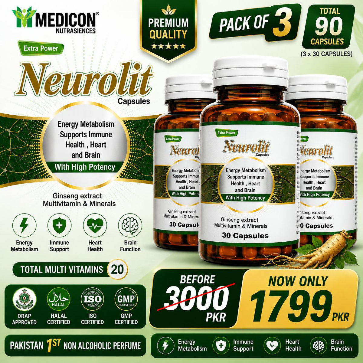 Pack of 3 Neurolit Capsules (Extract MultiVitamin & Minerals - Energy Metabolism Supports Immune Health, Heart and Brain With High Potency) 90 Capsules