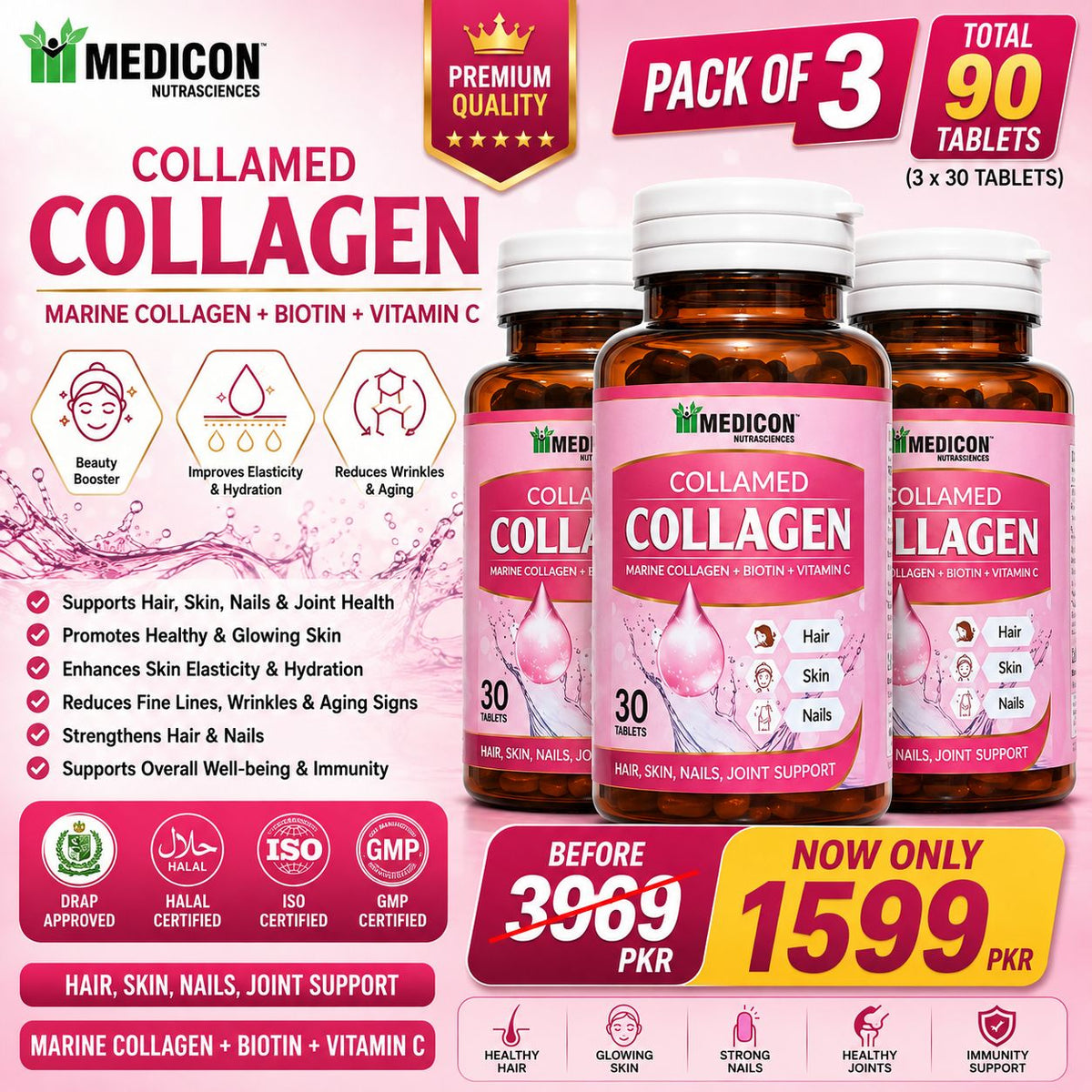 Pack of 3 Collamed Collagen Supplement Marine Collagen + Biotin + Vitamin C for Skin Glow, Hair Growth, & Reduce Wrinkles & Aging 90 Tablets
