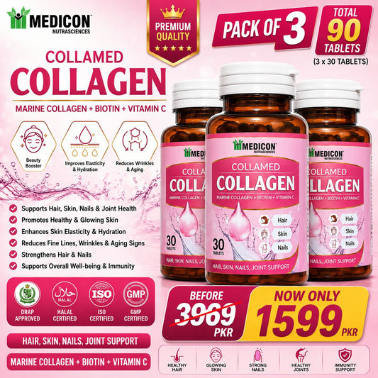 Pack of 3 Collamed Collagen Supplement Marine Collagen + Biotin + Vitamin C for Skin Glow, Hair Growth, & Reduce Wrinkles & Aging 90 Tablets