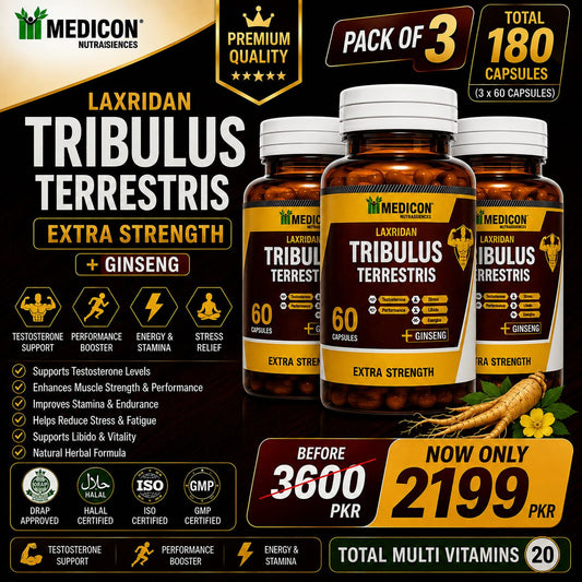 Pack of 3 Tribulus Terrestris Supplement: Boost Strength, Vitality Naturally, Muscle growth 180 Capsules