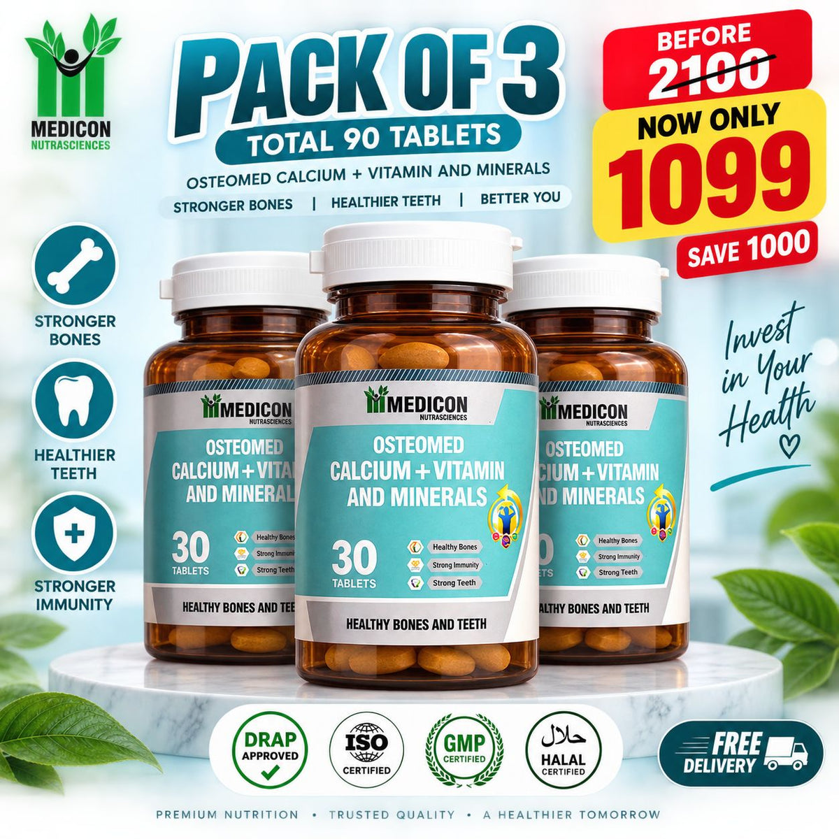 Pack Of 3 "Osteomed" Advanced Calcium Plus Vitamin D3 and K2 Essential Minerals – Comprehensive Bone Health Support for Stronger Bones and Improved Absorption 90Tablets