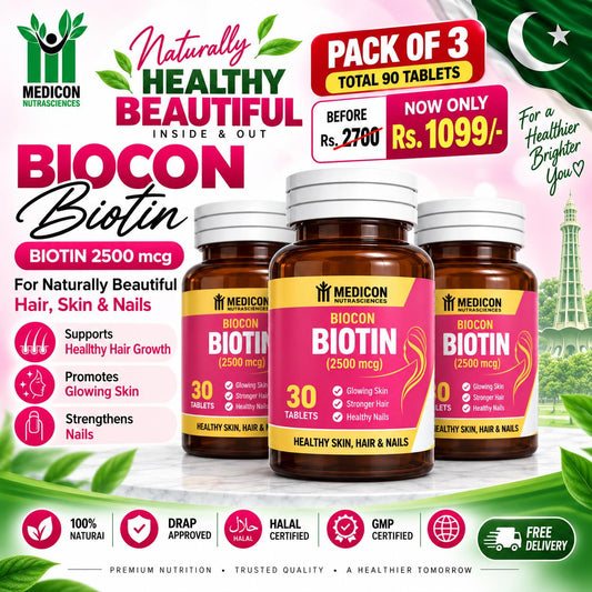"Biotin Pack of 3 Supplement for Hair, Skin & Nails – High Potency, Supports Healthy Growth (2500mcg) 90Tablets