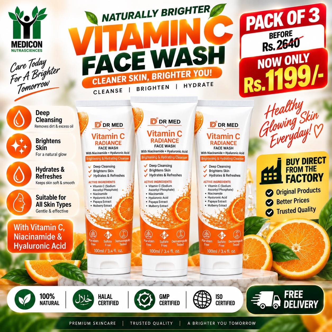 Pack of 3 Vitamin C Radiance Face Wash by DR MED | Skin Brightening, Deep Cleansing & Hydration | Niacinamide Face Wash | 100ml