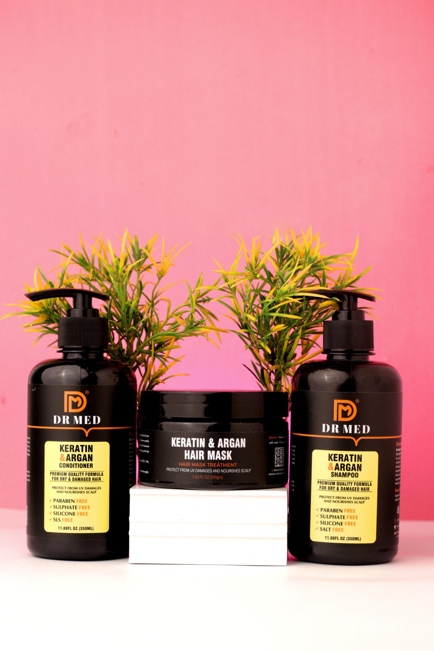 "DR MED Keratin & Argan Hair Revitalization Set: Shampoo, Conditioner, and Mask Trio"