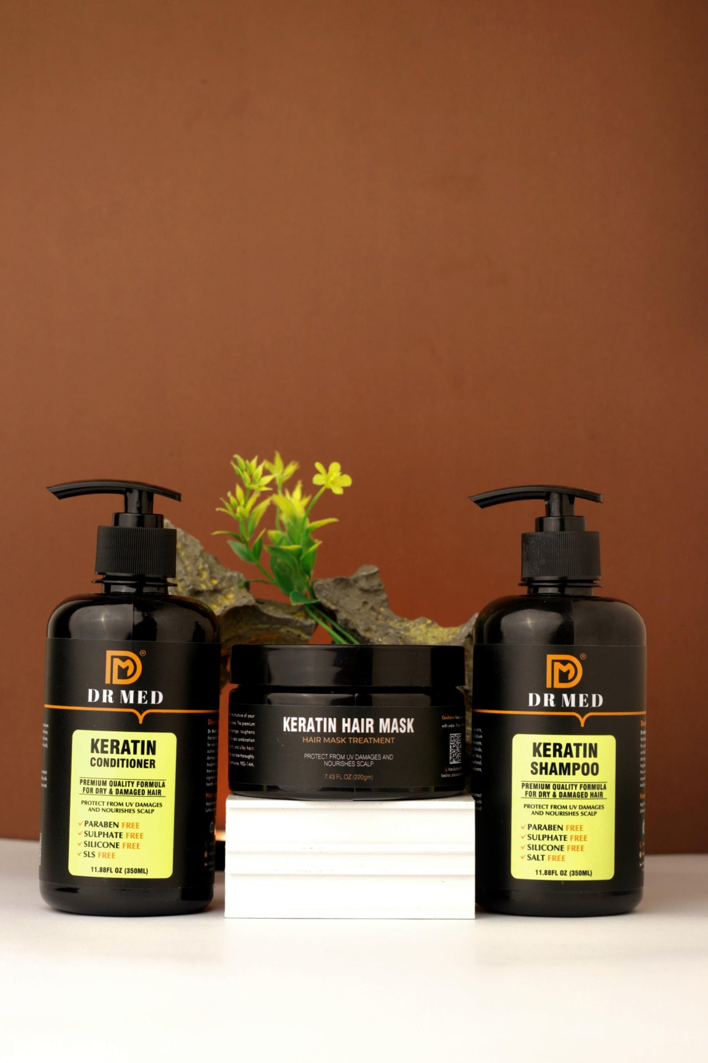 "DR MED Keratin Haircare Trio: Shampoo, Conditioner, and Hair Mask for Revitalized Locks"