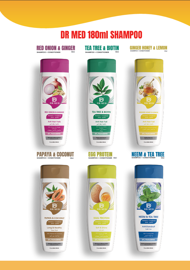 DR MED Pack of 6 Natural Shampoo + Conditioner – Hair Fall Control, Scalp Care & Shine – Egg Protein, Honey Lemon, Tea Tree Biotin, Neem, Red Onion & Papaya 180ml