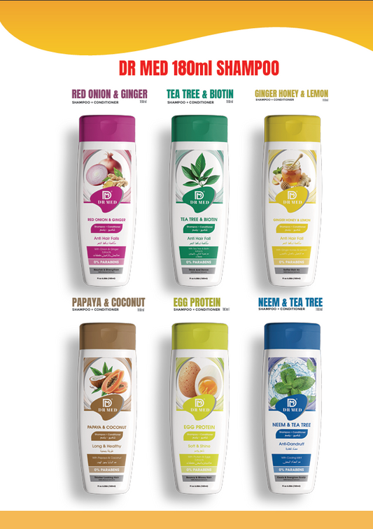 DR MED Pack of 6 Natural Shampoo + Conditioner – Hair Fall Control, Scalp Care & Shine – Egg Protein, Honey Lemon, Tea Tree Biotin, Neem, Red Onion & Papaya 180ml
